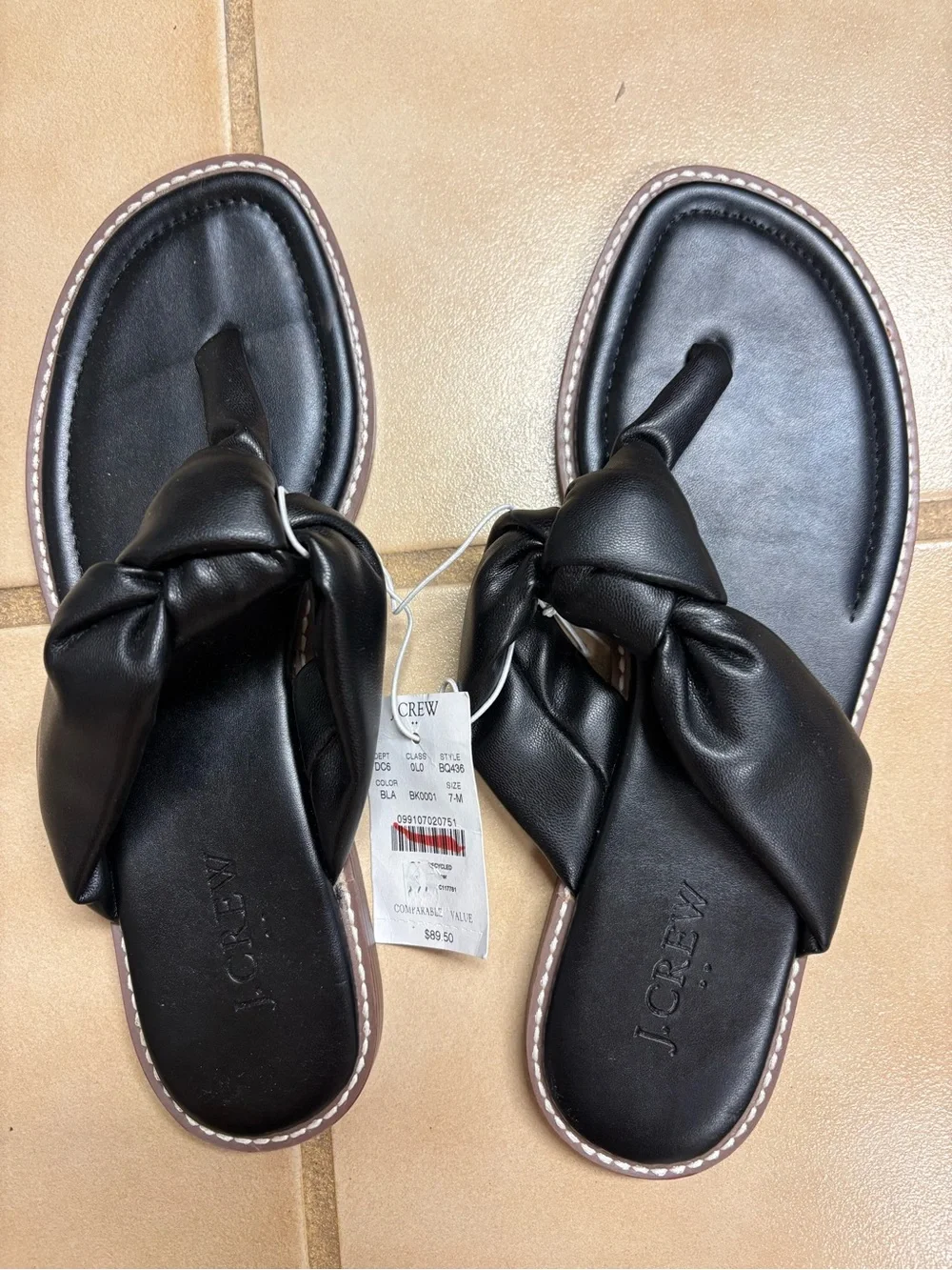 J. Crew Black Knotted Leather Toe-Post Sandals